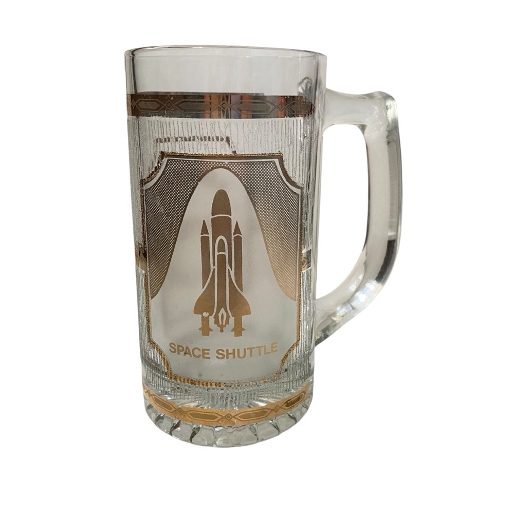 Vintage Kennedy NASA Space Shuttle Glass Mug Gold Textured Stein